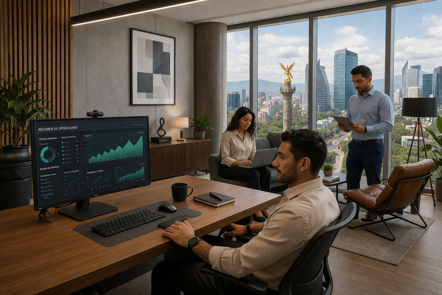 Modern Mexico City office with professionals working on analytics dashboards overlooking the capital skyline representing North America business IT support coverage