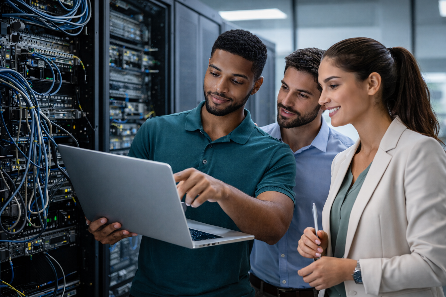 Business IT professionals managing server infrastructure and network systems for small business operations