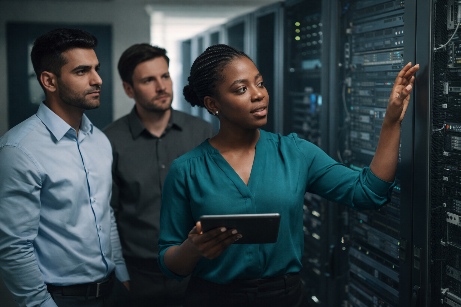 Business IT professionals reviewing network infrastructure and server connectivity in a secure enterprise environment