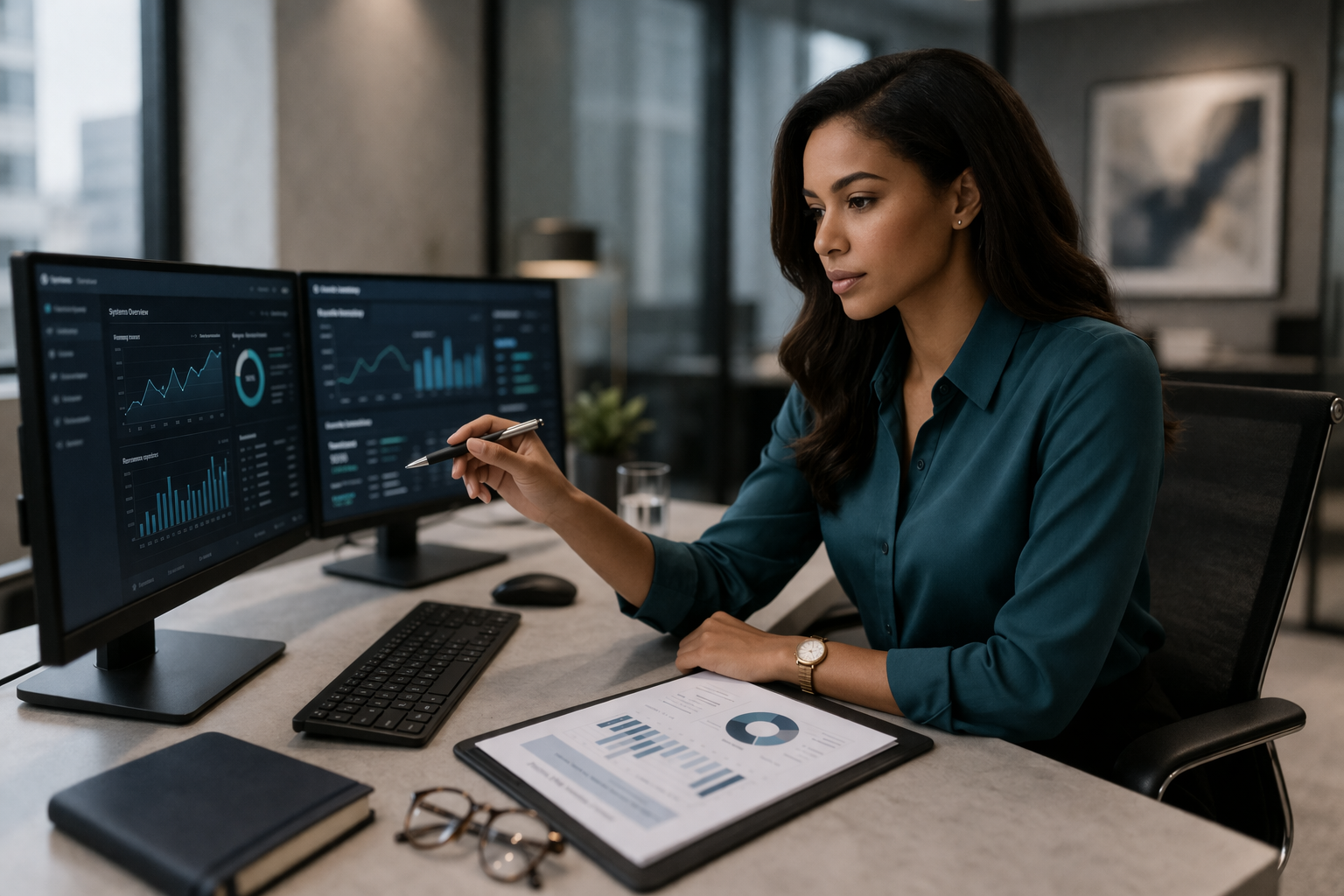 IT professional in teal shirt reviewing business operations dashboards in a modern office environment focused on operational stability