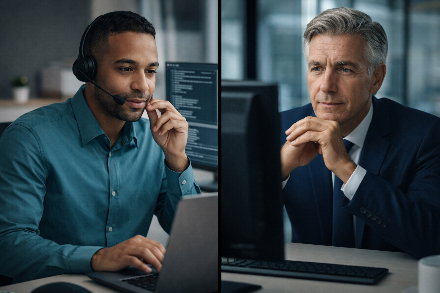 Business remote technical support session with IT specialist wearing headset assisting executive client during live troubleshooting
